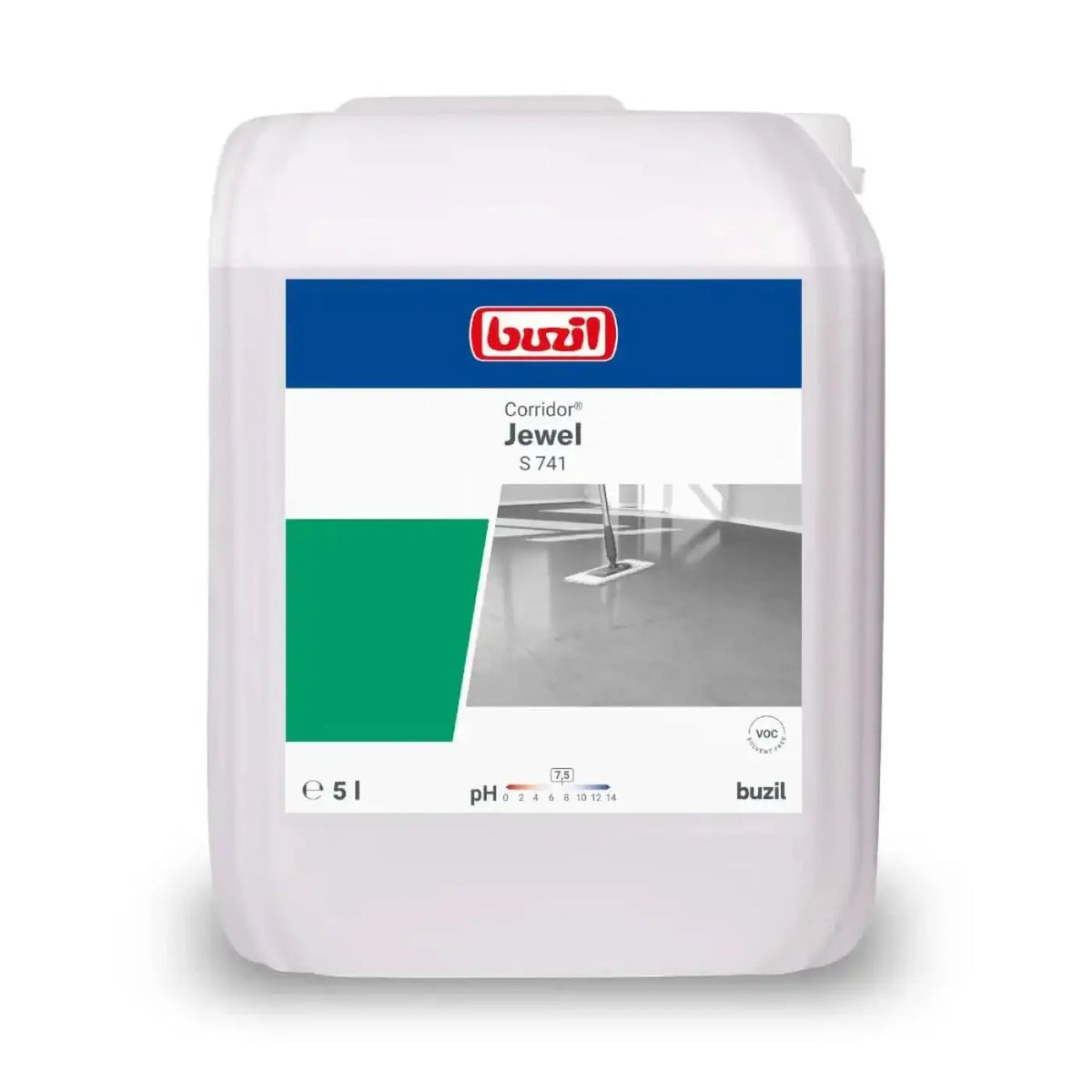Weiße plastikflasche buzil corridor jewel s741 hochleistungsdispersion 5l mit blau grünem etikett und produktbild