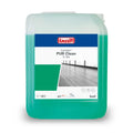 Ein 10-liter behälter buzil corridor pur clean s766 bodenunterhaltsreiniger grüne reinigungslösung in durchsichtigem kunststoffkanister mit weißem verschluss