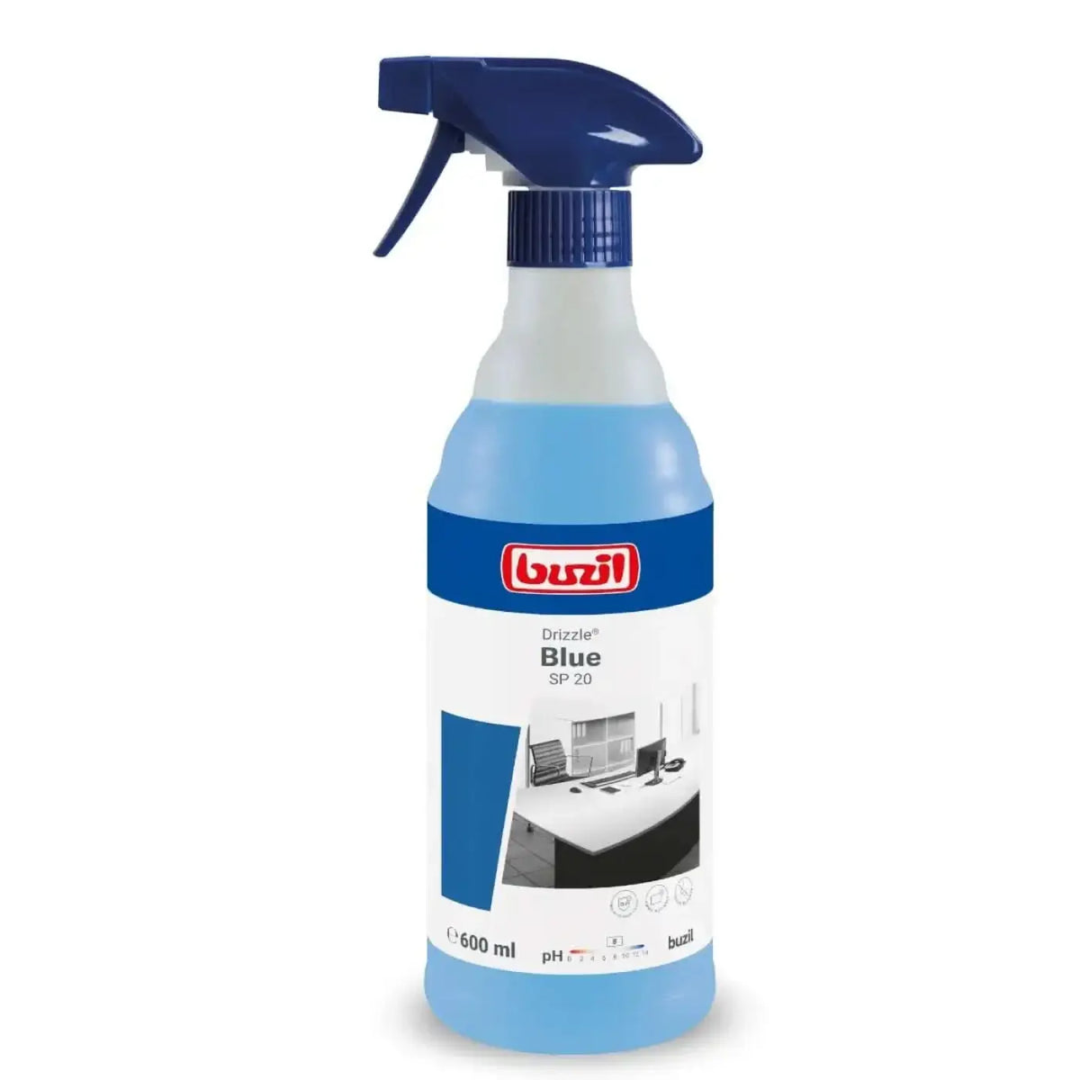 Buzil drizzle blue sp20 universal sprühreiniger 600ml in transparenter flasche mit blauem sprühkopf für die reinigung