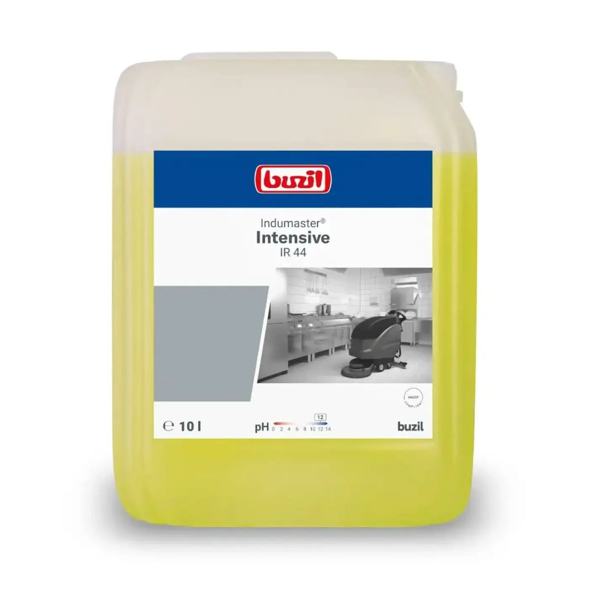 Ein 10-liter container buzil indumaster intensive ir 44 küchen-industriereiniger mit gelblicher flüssigkeit und blau-weißem etikett