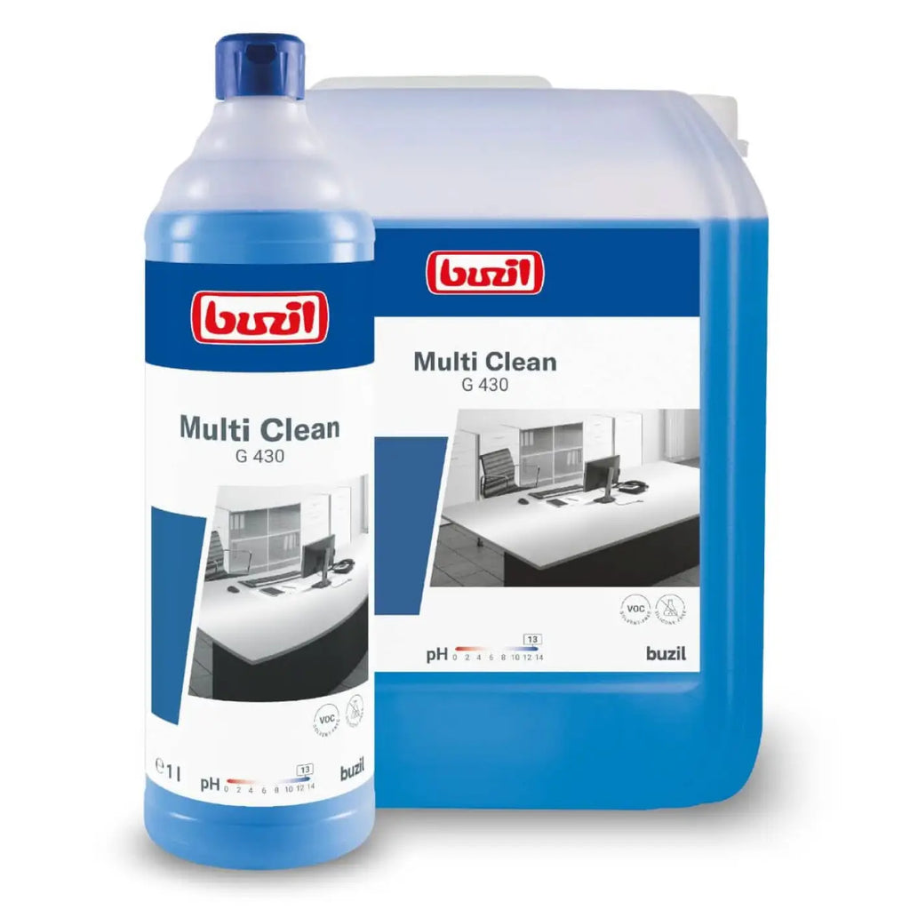 Blauer kunststoffflasche und kanister von buzil multi clean g 430 alkalischer aktivreiniger 1l für vielseitige oberflächenreinigung