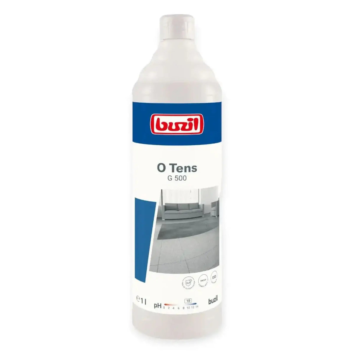 Weiße plastikflasche des o tens g 500 reinigungslösung mit blau weißem etikett und buzi markenlogo bündiger universalreiniger