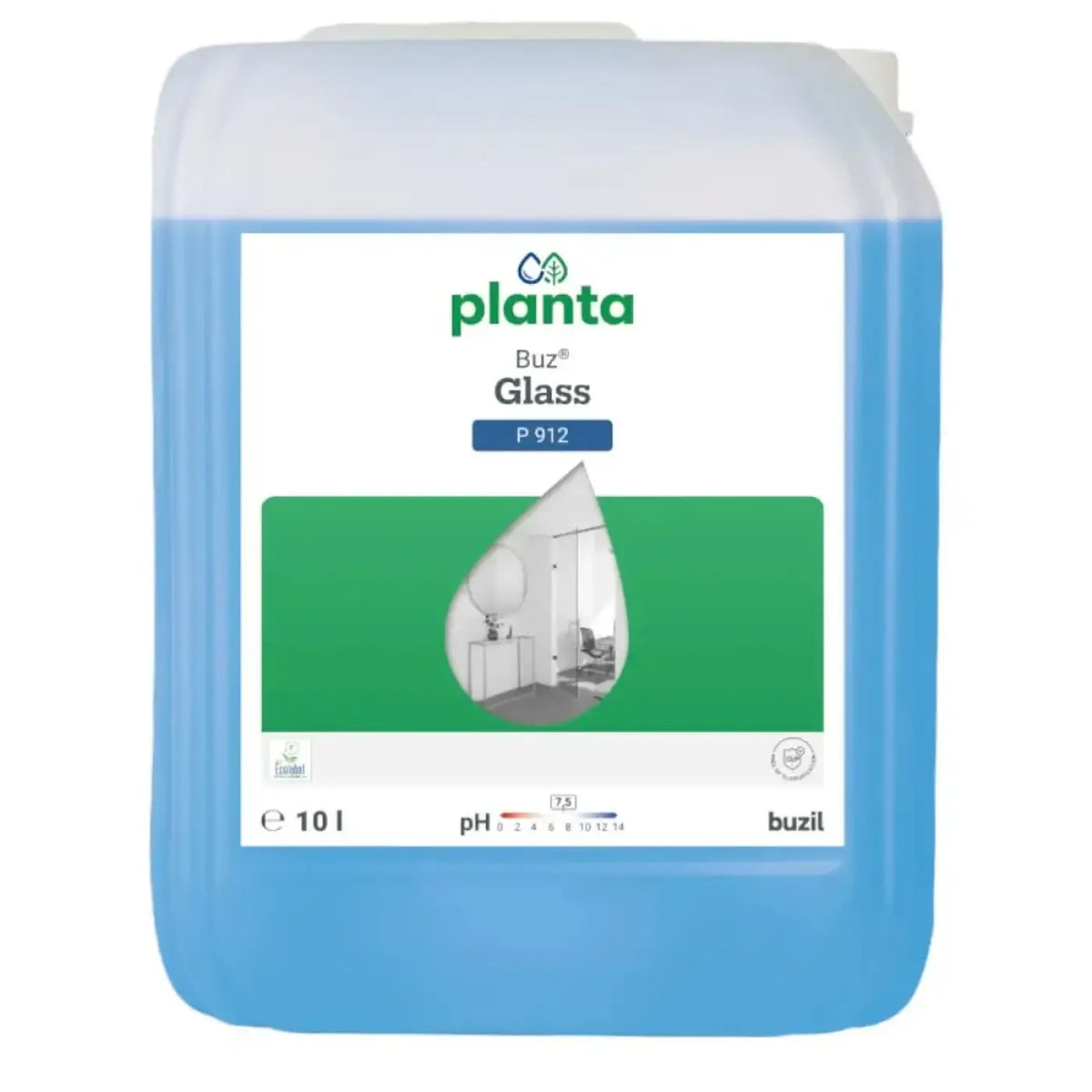 A 10 liter transparenter blauer plastikbehälter planta buz glasreiniger mit weißem etikett grün und blau akzente