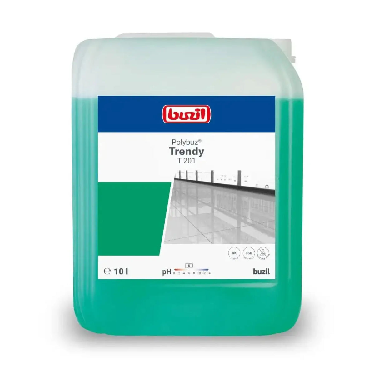 A 10-liter container of buzil polybuz trendy t201 glanzreiniger with translucent green liquid and blue white green label