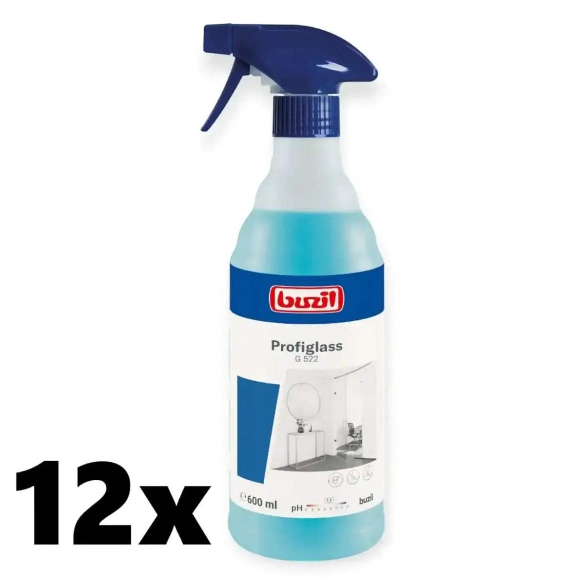 Profiglass g 522 600ml glasreiniger von buzil in transparenter sprühflasche mit blauem trigger und hellblauer flüssigkeit