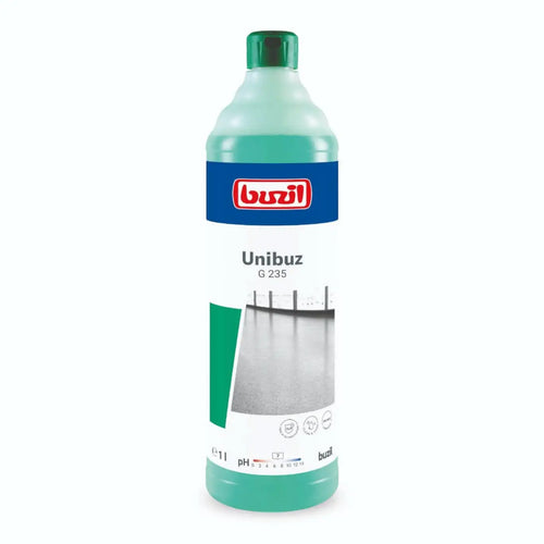 Ein durchscheinende grüne plastikflasche mit passendem verschluss von buzil unibuz g235 wischpflege 1l