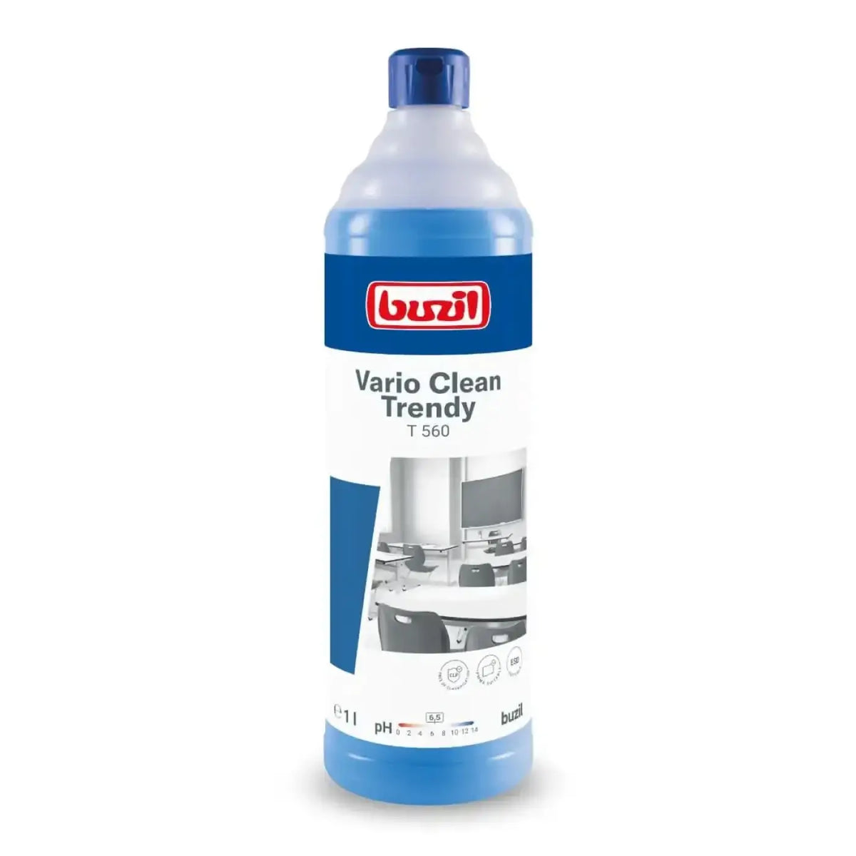 Blaues plastikflasche von buzil vario clean trendy t 560 multi-flächenreiniger für vielseitige reinigung 1 liter