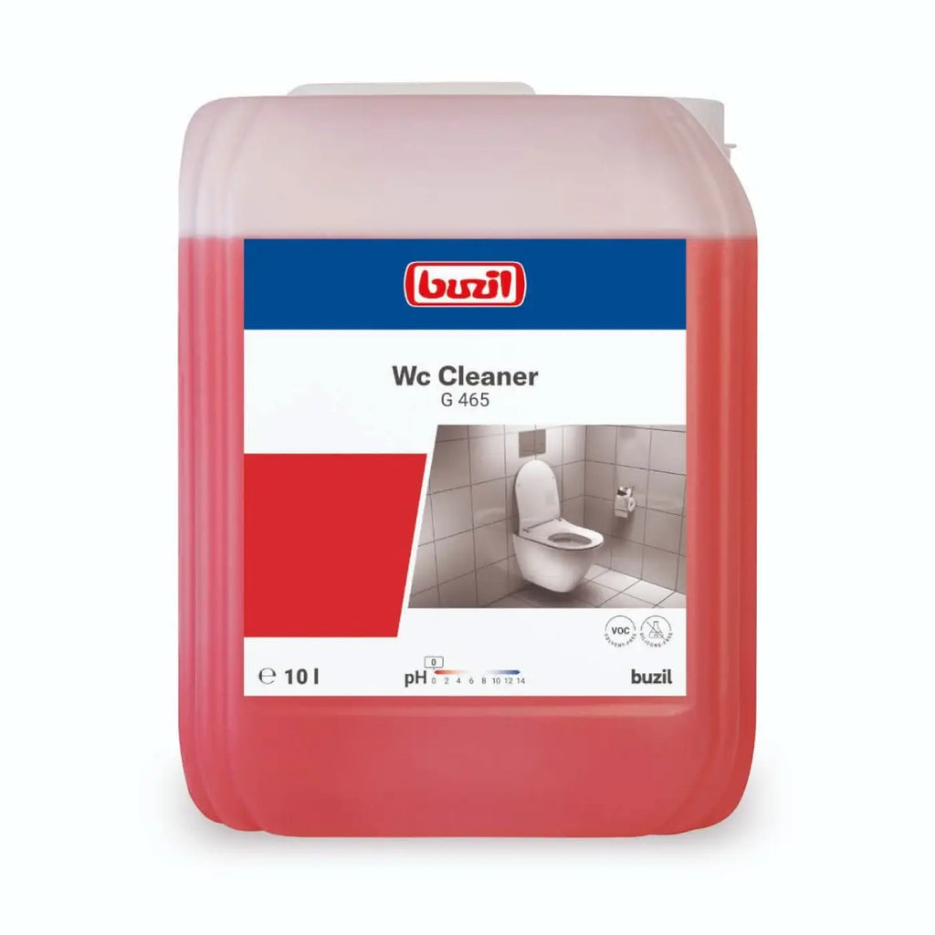 Rote flüssige toilettenreiniger in durchsichtigem kunststoffkanister mit blauweißem label der marke buzil, 10 liter