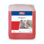Rote flüssige toilettenreiniger in durchsichtigem kunststoffkanister mit blauweißem label der marke buzil, 10 liter