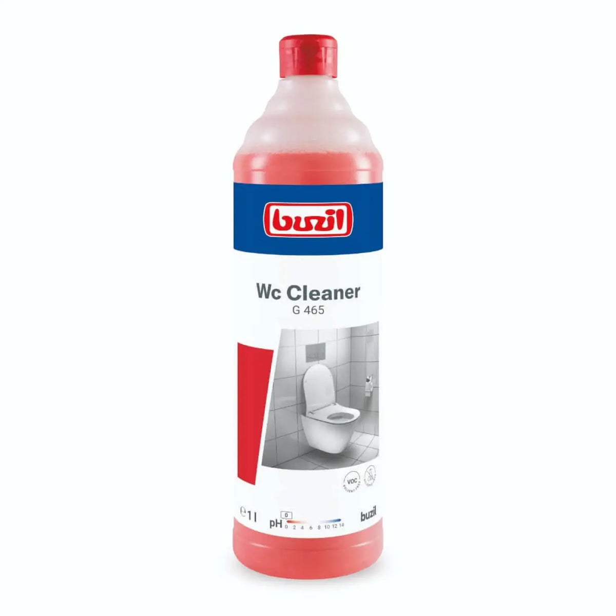 Roter flüssiger wc reiniger in transparenter plastikflasche mit rotem verschluss und blauem buzil etikettt