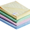 Stack aus weichen pastellfarbenen microfasertüchern in gelb grün rosa und blau von clendo microfasertuch pro