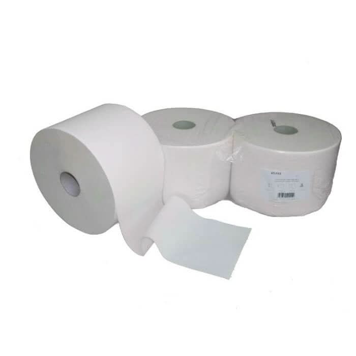 Weißes putzpapier zellstoff 2-lagig 1000 blatt 2 rollen mit einer rolle und einem abgerollten blatt