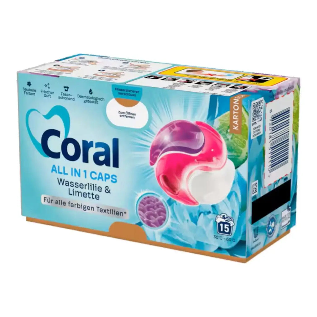 Coral all in1 caps waschmittel pods in pink weiß verpackt in blauem karton mit blumenmuster wasserlilie und limette