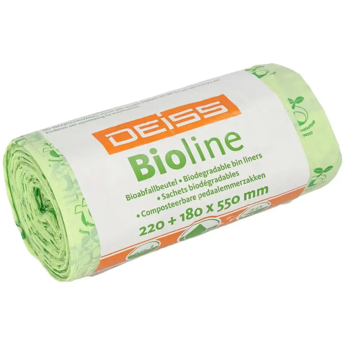 Eine rolle grüner biologisch abbaubarer deiss bioline kompostierbarer müllbeutel 10 liter mit tragegriff und weiß-orangem blattmotiv label