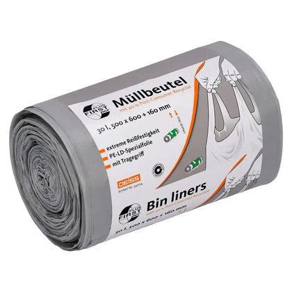 DEISS First Plus Müllbeutel mit Tragegriff 30 Liter Grau 34044 – Palette mit 1320 Rollen