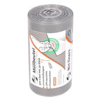 Gray roll of ldpe plastic bin liners 500mm x 600mm in a cylindrical container with multilingual labeling from deiss first plus