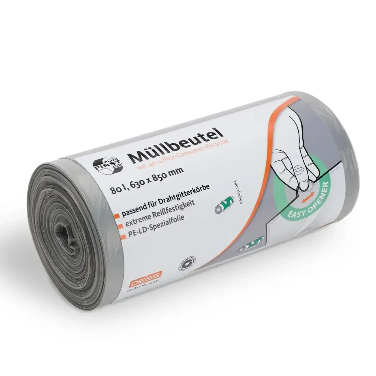 DEISS First Plus pcr Müllbeutel 80 Liter Grau 34043 passend für Drahtgitterkörbe – Produktabbildung; Lieferumfang: 1020 Rollen
