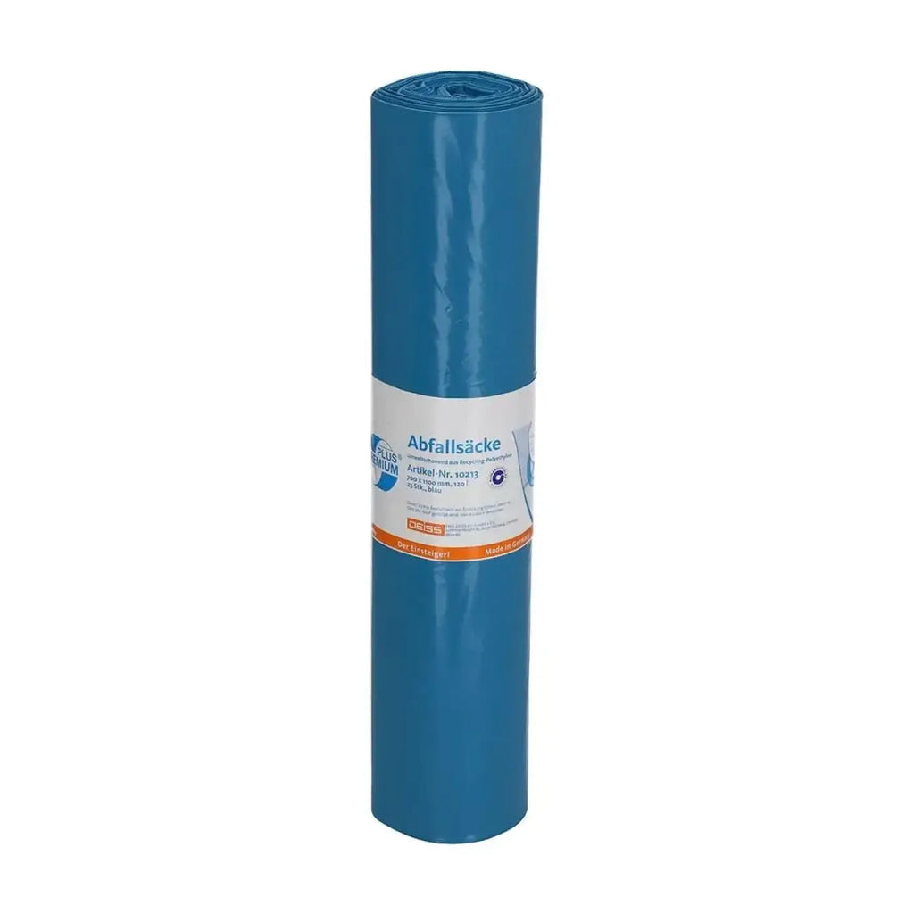 Blue roll of deiss premium plus 120 liter blue plastic trash bags with white and orange label