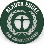 Dark green recycler logo with white text blauar engel on black deiss re source 120 liter garbage bags