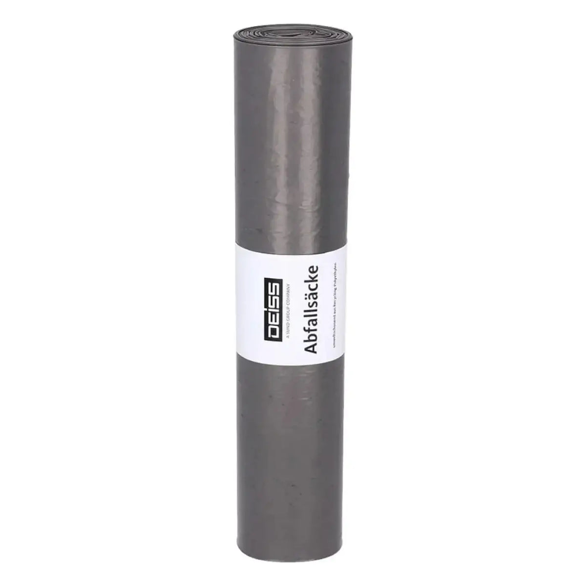 A roll of deiss standard 30 liter dark gray glossy hdpe plastic trash bags with german label