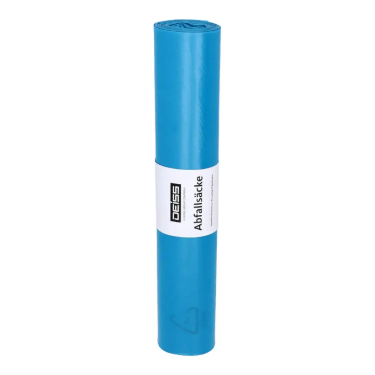 Ein leuchtend blauer, zylindrischer roll deiss standard müllsäcke 120 liter typ 60 mit weißem etikett