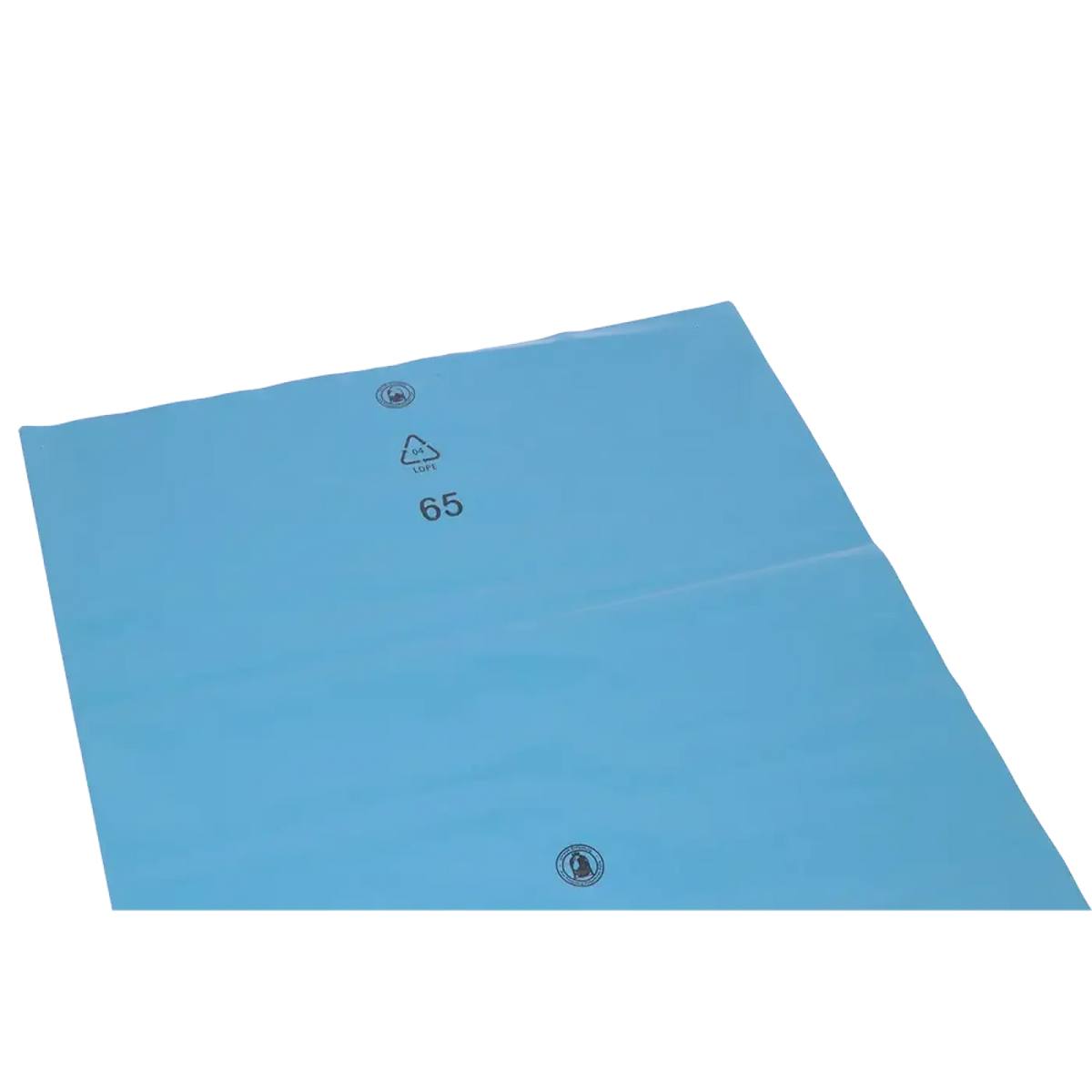 Lightblaue plastikmappe aus ldpe mit der zahl 65 und recycling-symbolen für deiss standard müllsäcke 240 liter
