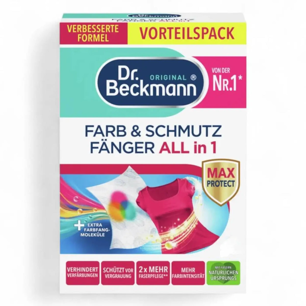 Dr beckmann farb und schmutz fänger all in 1 in weißer packung zur wäschepflege zur farb- und schmutzaufnahme