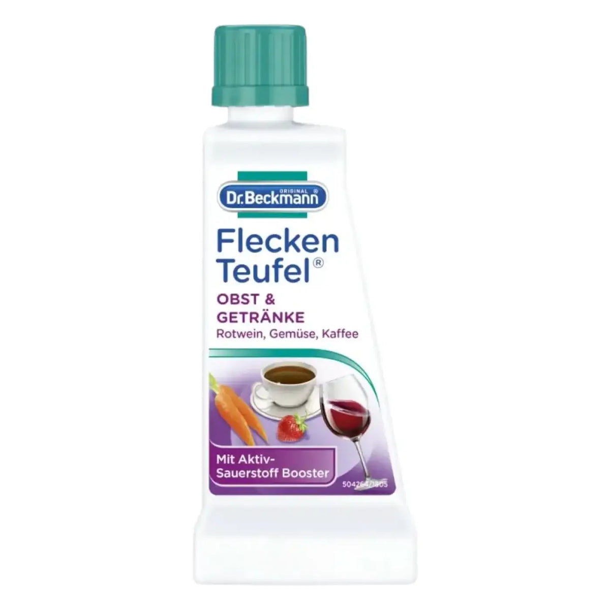Weiße kunststoffflasche mit türkisfarbenem deckel und etikett dr beckmann fleckenteufel obst und getränke 50g
