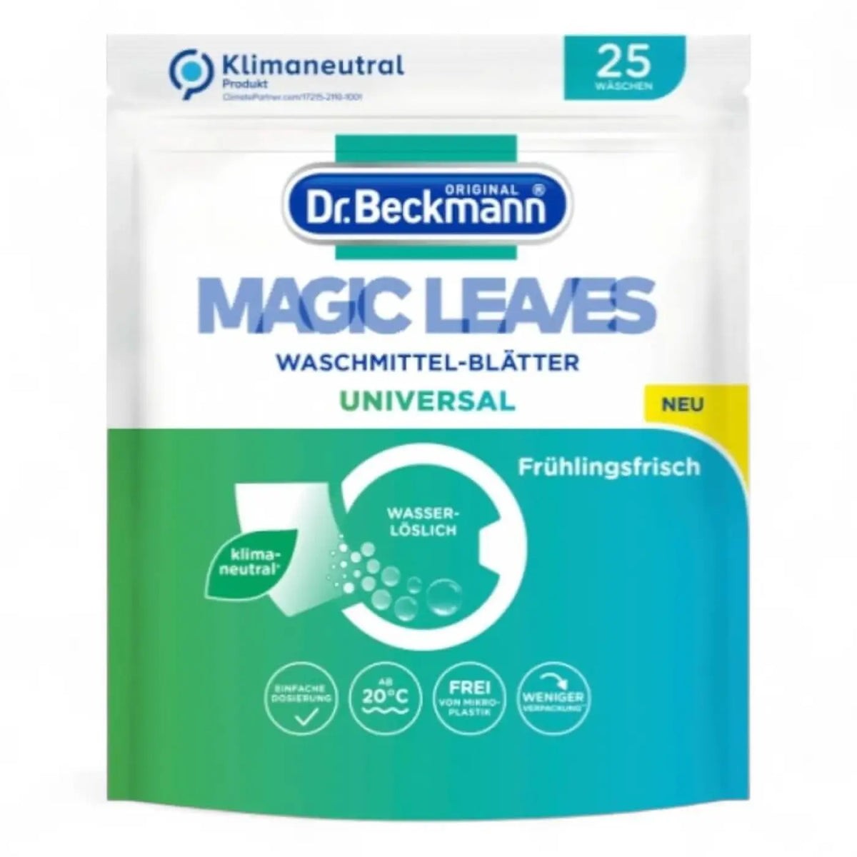 Dr beckmann magic leaves waschmittel blätter universal 25 wl frontseite in weiß mit grünem blattdesign