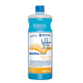 Eine durchscheinend blaue plastikflasche mit blauem verschluss und neofris citrus plus alkoholreiniger etikett von dreiturm