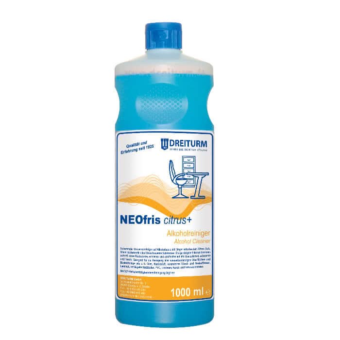 Eine durchscheinend blaue plastikflasche mit blauem verschluss und neofris citrus plus alkoholreiniger etikett von dreiturm