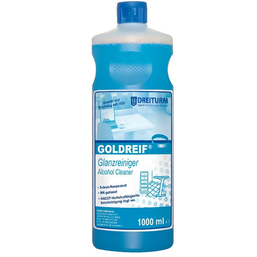 Blaue plastikflasche dreiturm goldreif glanzreiniger alkoholreiniger 1000 ml rückseite sichtbar