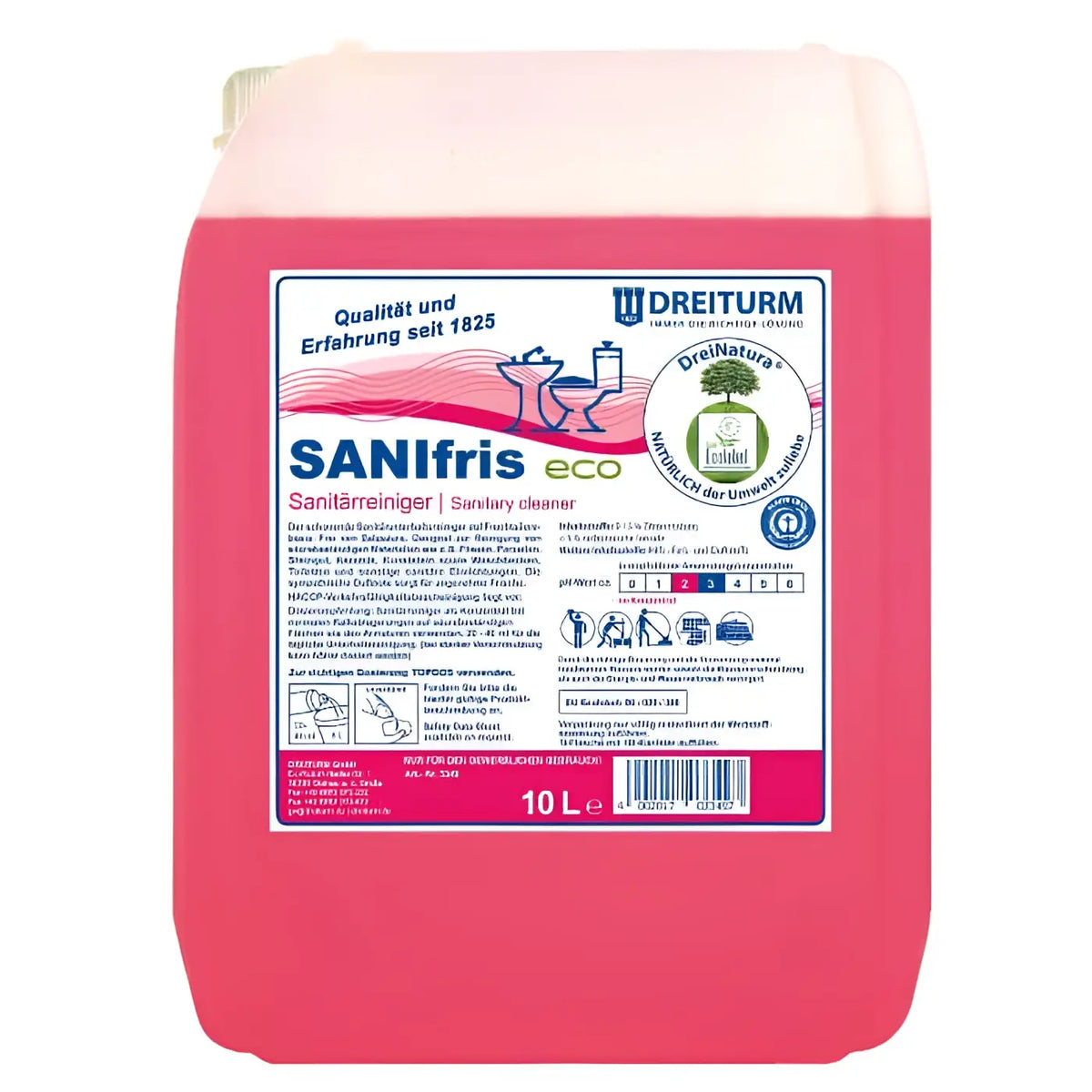 Rosa sanifris eco ökologischer sanitärreiniger in 10 liter kunststoffkanister mit weißem deckel und dreiturm logo