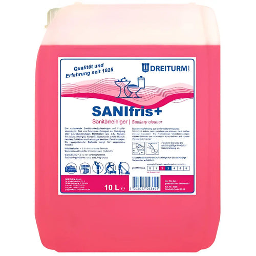 Rosa 10 liter plastikkanister dreiturm sanifris plus sanitärreiniger zur reinigung von sanitäranlagen