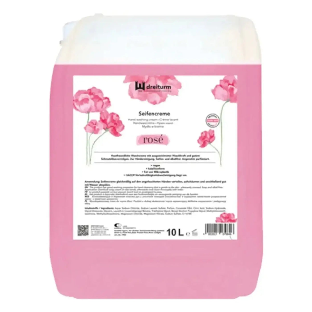 Pink 10-liter container of dreiturm rose-colored hand soap for gentle skin cleansing