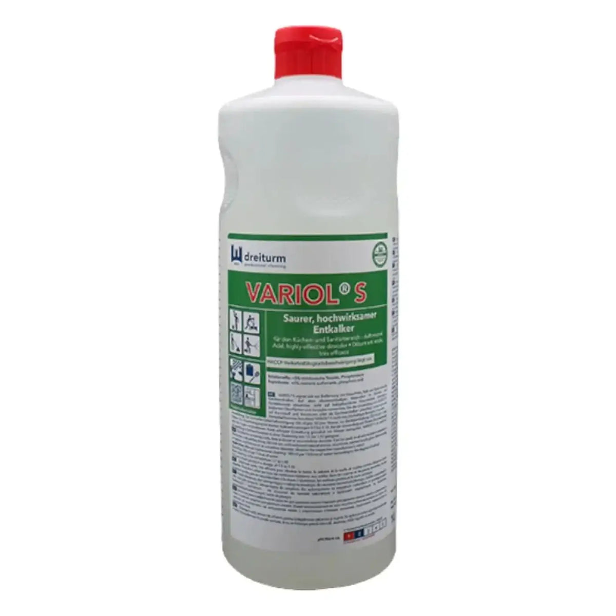 Eine weiße plastikflasche mit rotem deckel und grüner etikettierung des dreiturm variol sauren hochwirksamen entkalkers
