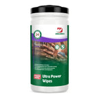 Dreumex ultra power wipes in weißem zylinder mit schwarzem deckel und grünem mehrsprachigem etikett für hautreinigung