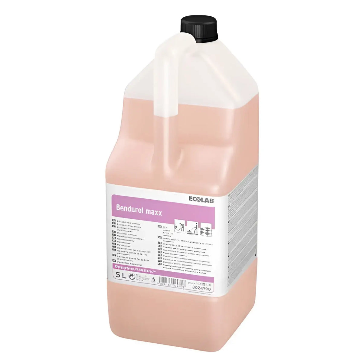 Eine 5-liter durchsichtige plastikkanne mit schwarzem verschluss und pfirsichfarbener flüssigkeit von ecolab bendurol maxx