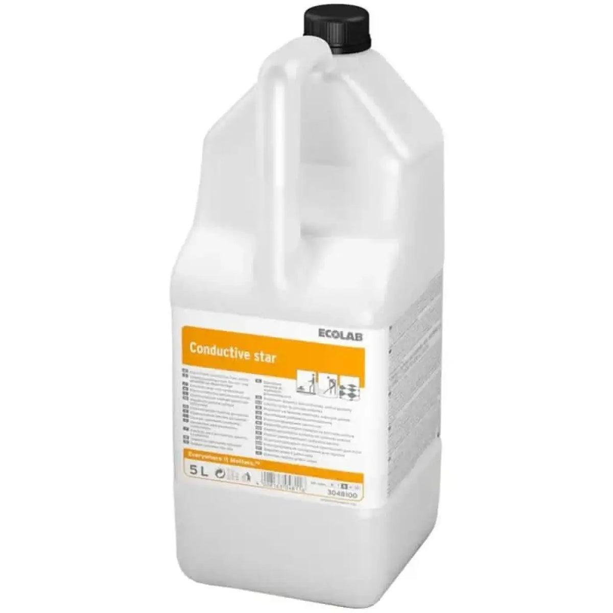 Weißer plastikkanister mit schwarzem deckel und orange-weißem etikett der Marke ecolab conductive star dispersion 5l