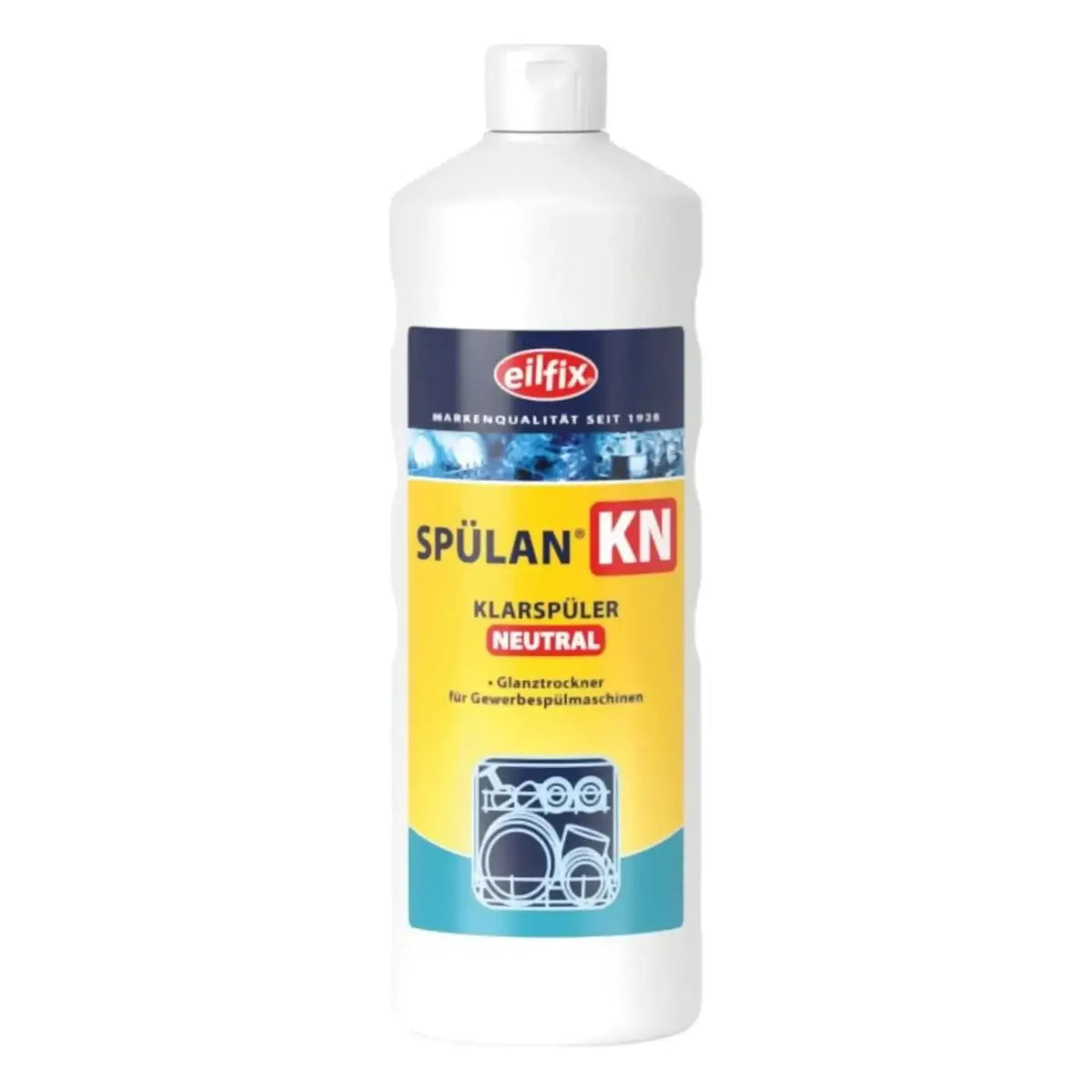 Weiße plastikflasche von eilfix spülan kn neutral geschirrspülreiniger mit gelb-blauem etikett 1l