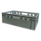 Graue eurobox stapelbox 60x40x12,5 cm aus hdpe mit integrierten griffen und quadratischen ausschnitten am oberen rand