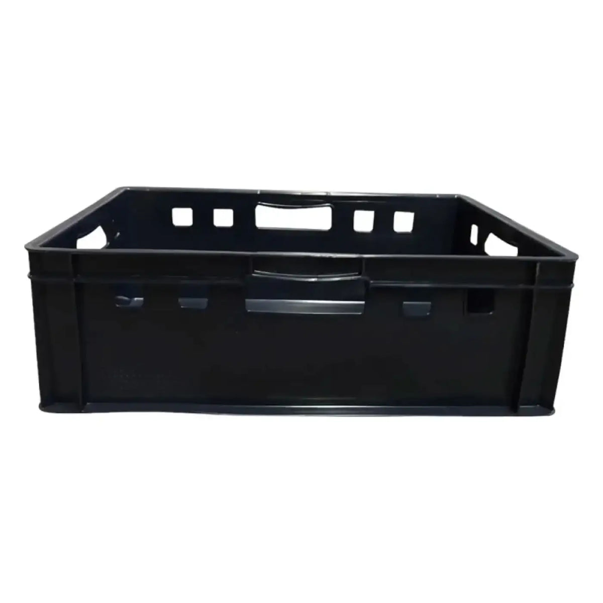 Schwarze eurobox 60x40x20 cm stapelbox aus hdpe mit integrierten griffen und quadratischen aussparungen am oberen rand