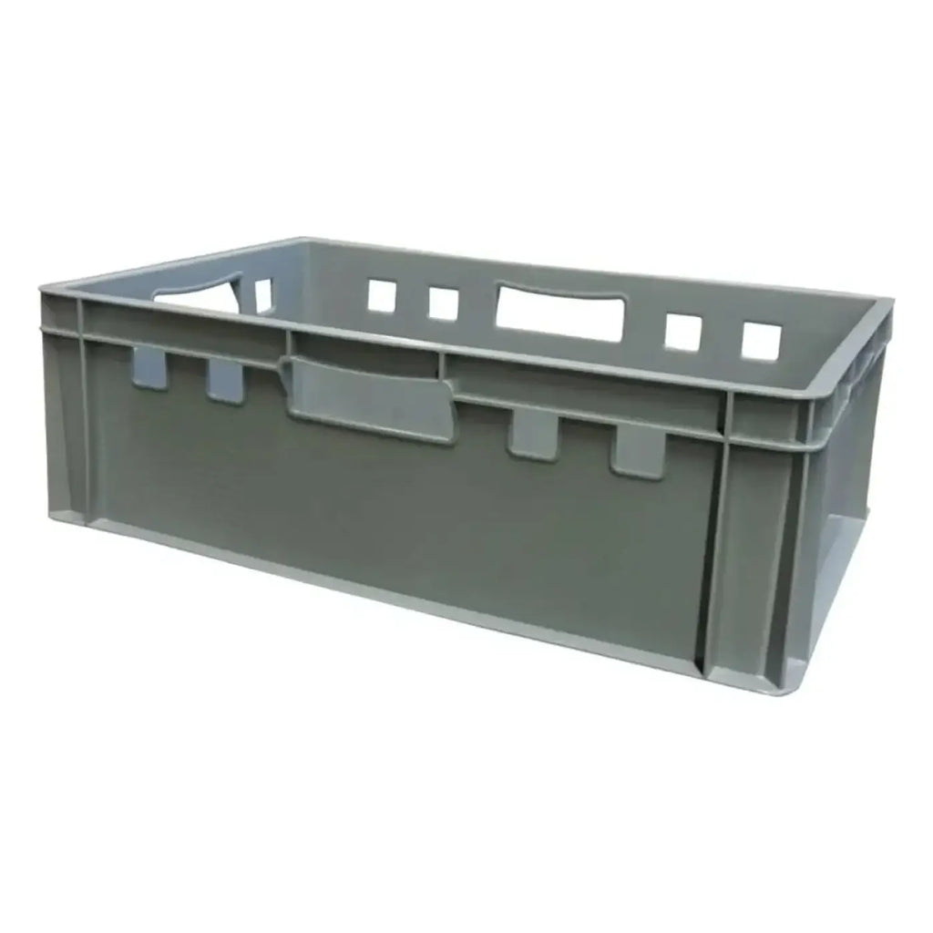 Graue plastik stapelbox eurobox 60x40x20 cm aus hdpe mit integrierten griffen und quadratischen aussparungen am oberen rand
