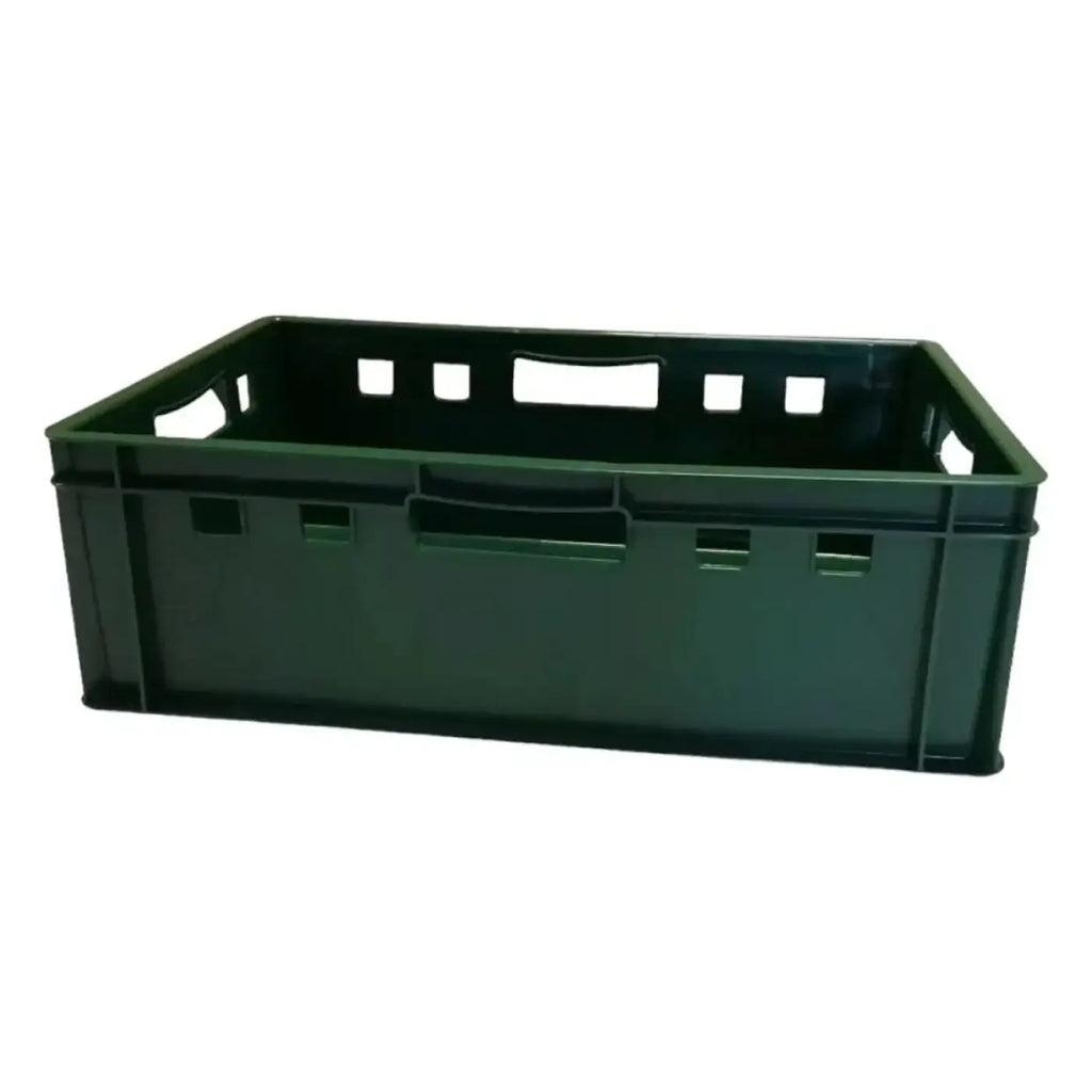 Dunkelgrüne eurobox 60x40x20 cm stapelbox aus hdpe mit integrierten griffen und quadratischen seitenausschnitten