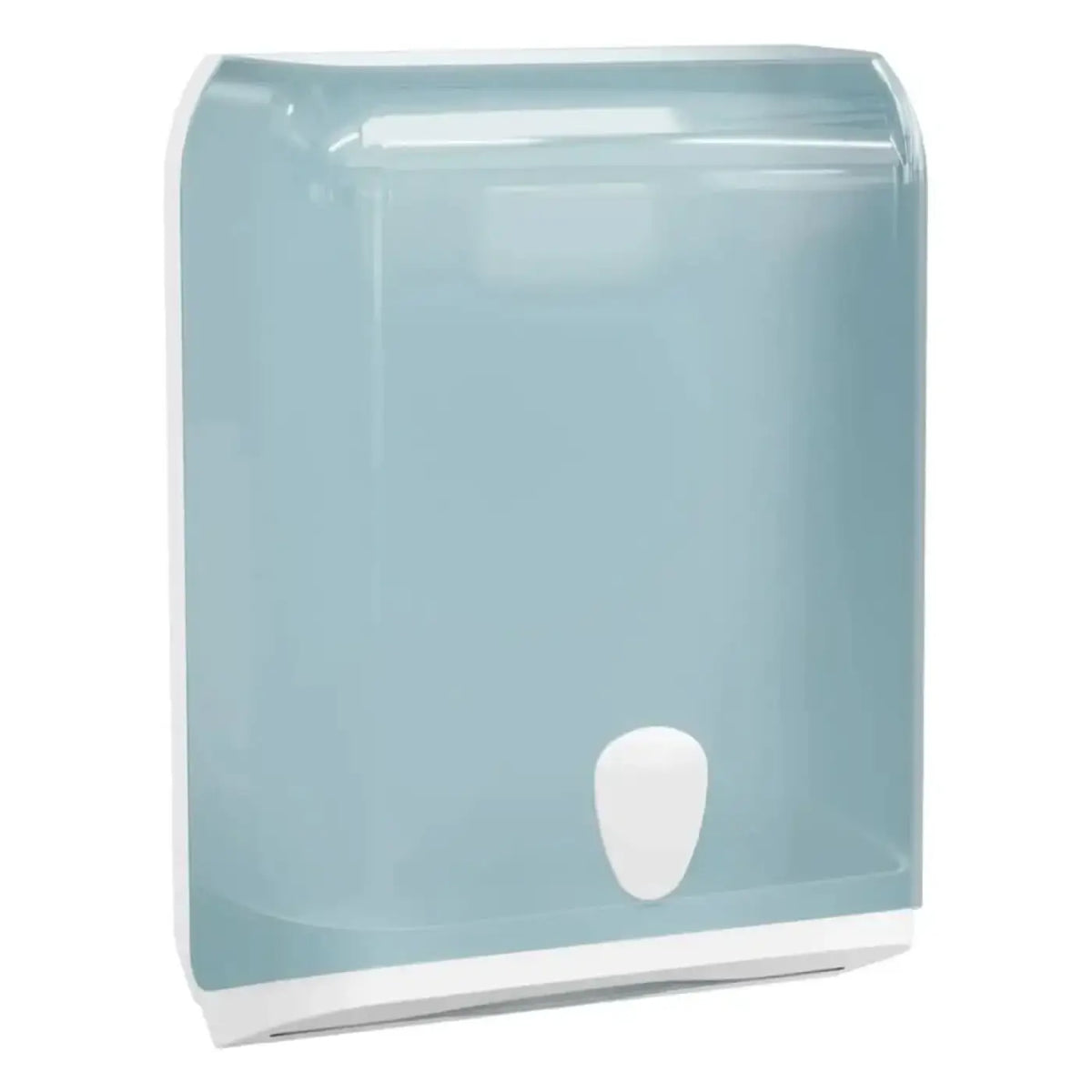 Falthandtuchspender multifold replast lichtblau transparent mit weißem druckknopf und weißer basis aus kunststoff
