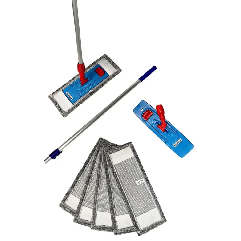 Floorstar bodenwischer set pix 7-teilig 40cm ws40 mit blau-rotem mikrofasermop kopf und austauschbaren grauen mikrofaser pads