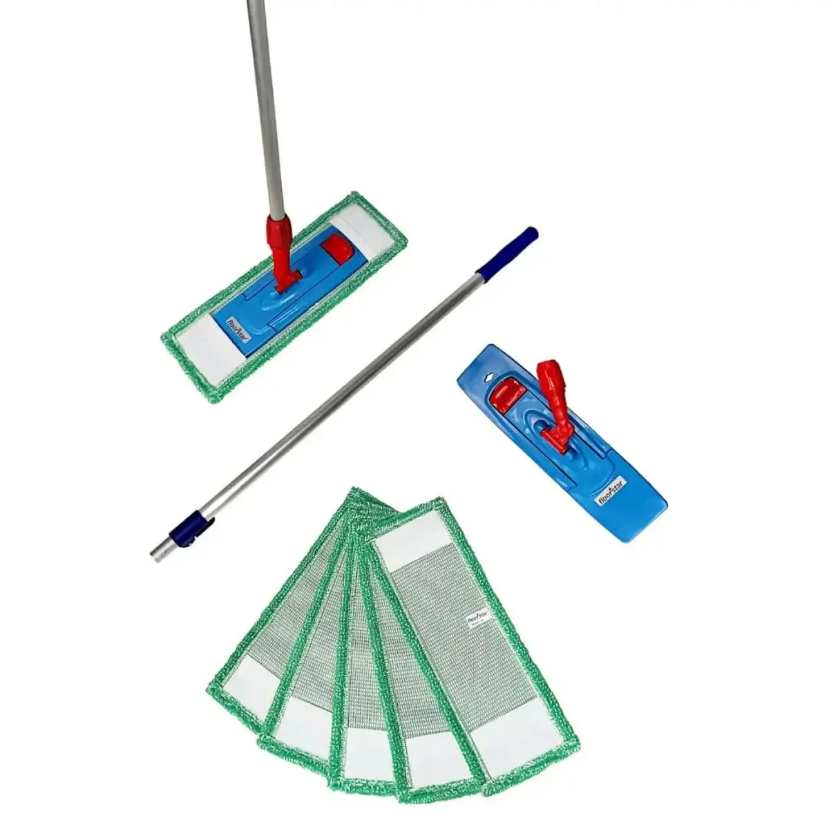Floorstar bodenwischer set pix 7-teilig mit blau-rotem mikrofasermopkopf und grünem rand am silbernen griff