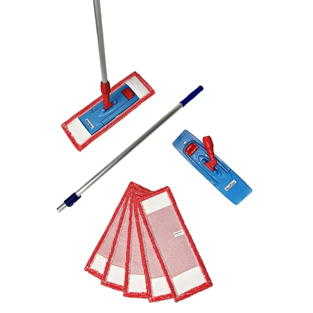 Floorstar bodenwischer set pix 7-teilig mit blauem und rotem mikrofasermoppkopf und silbernem griff mit ersatzpads