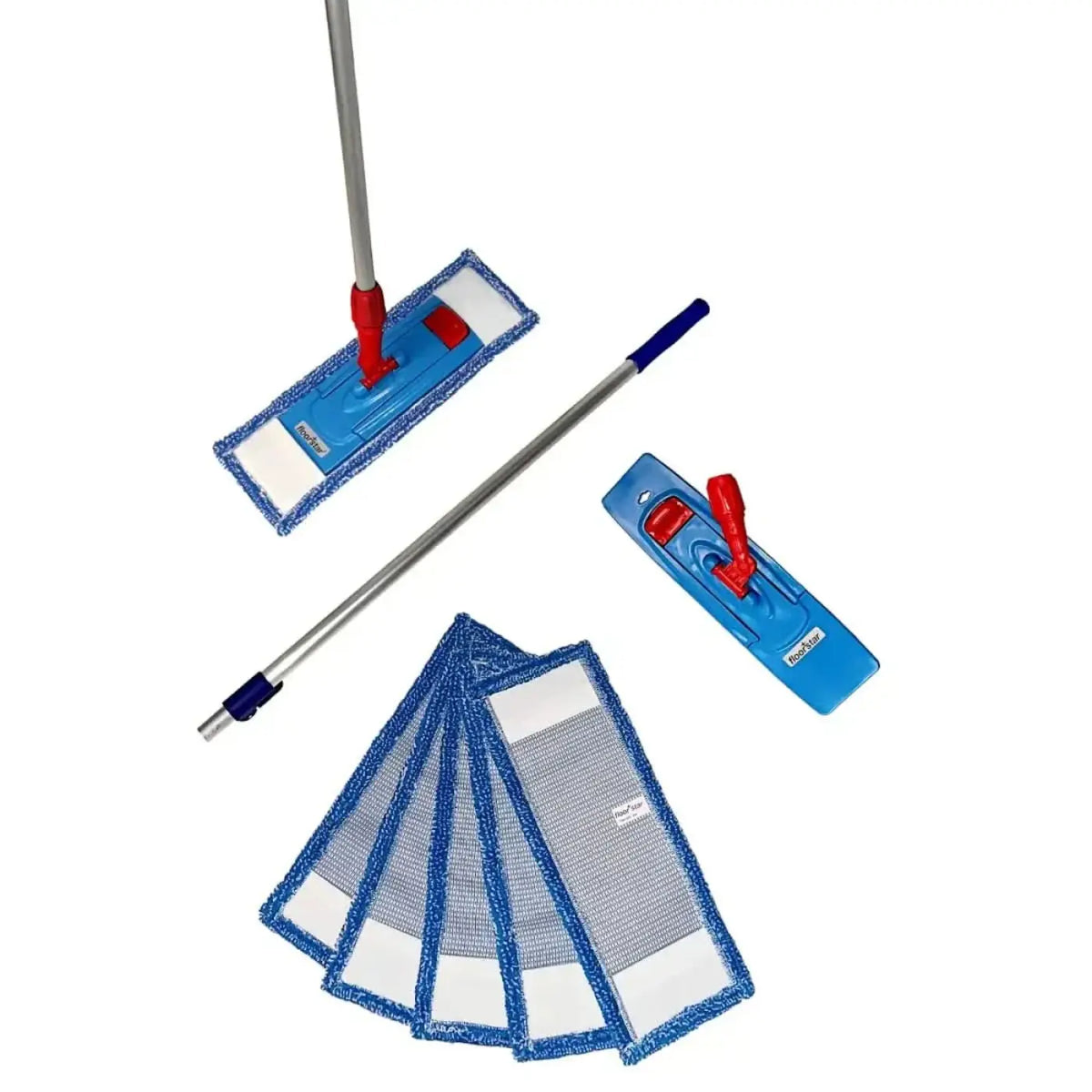 Blauer mikrofasermoppkopf mit roten clips und silbernem griff im floorstar bodenwischer set pix 7-teilig 40cm ws40