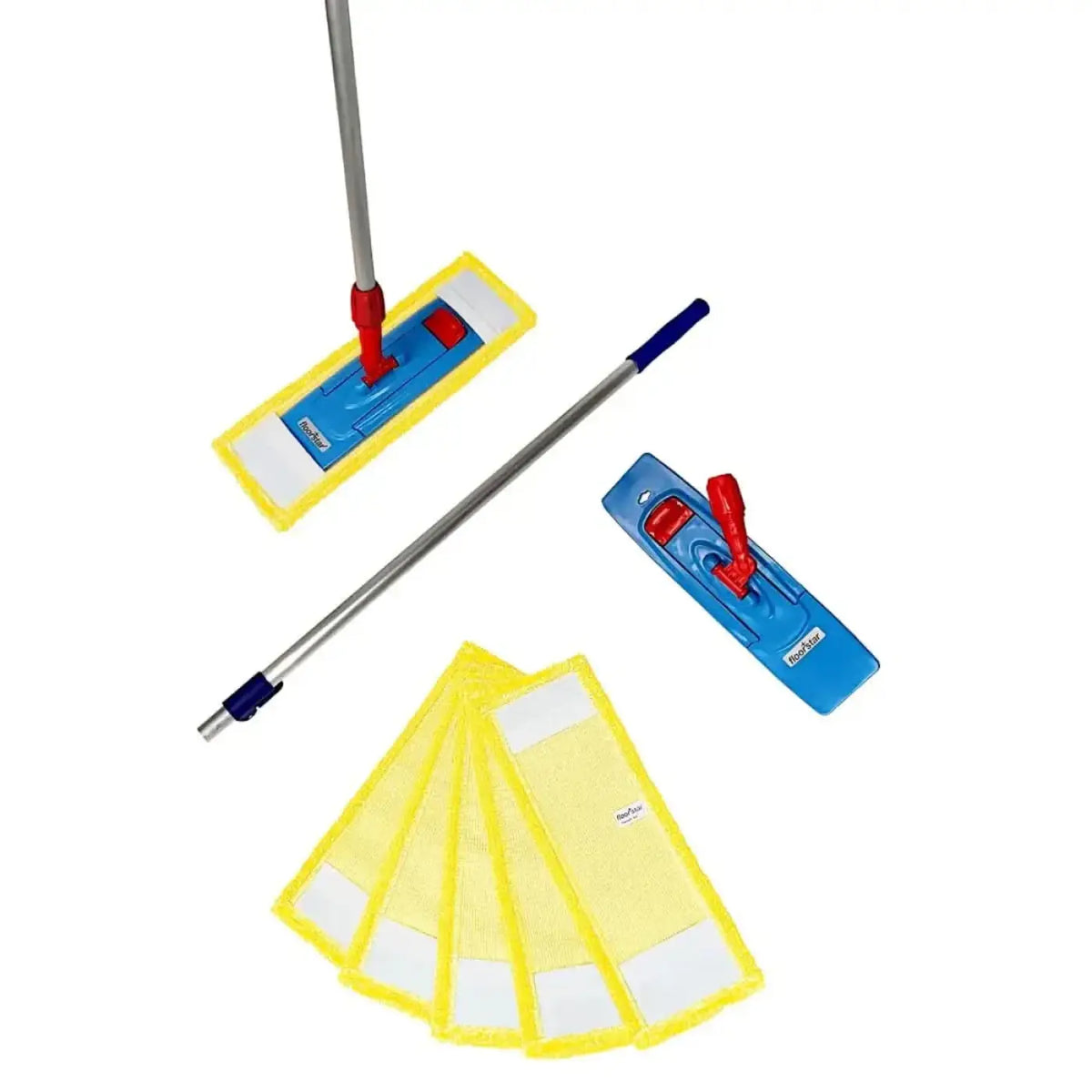 Blue und gelber mikrofaser wischerkopf mit rotem griffmechanismus im floorstar bodenwischer set pix 7-teilig 50cm ws50